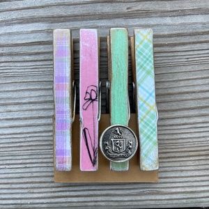 Hand decorated clothespin magnets antiqued hand painted with scrapbook paper
